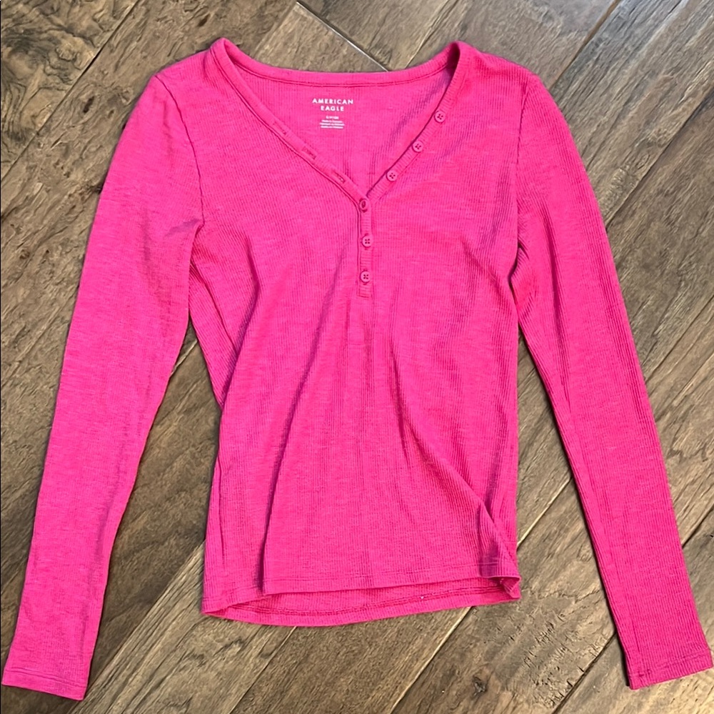 American Eagle Outfitters Pink Fitted Waffle Top